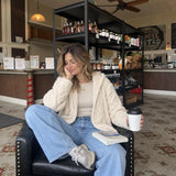 Aspen Sherpa Cardigan — authentic café lifestyle