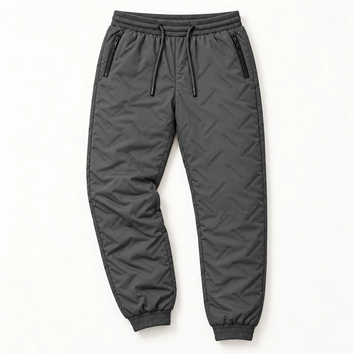 Women’s fleece-lined winter pants in charcoal gray — flat lay