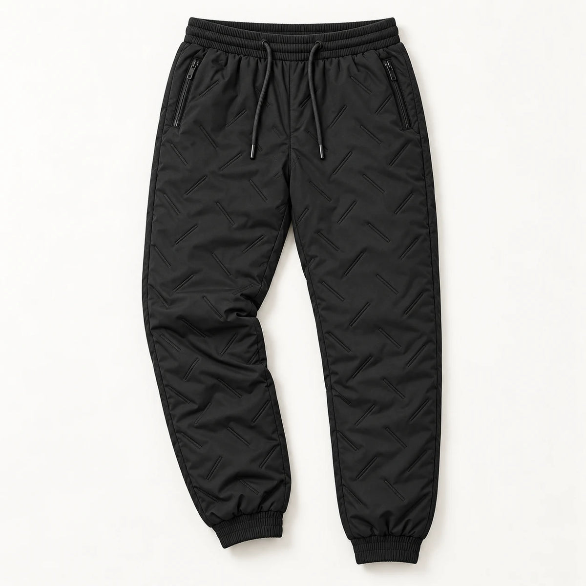 Women’s fleece-lined winter pants in black — flat lay
