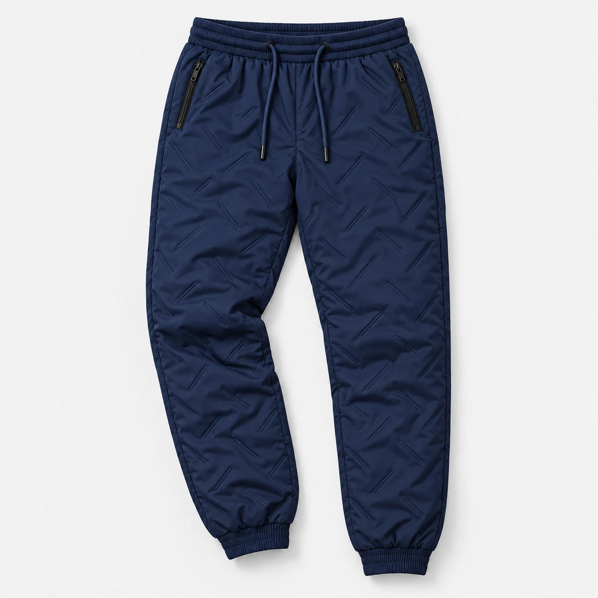 Women’s fleece-lined winter pants in navy — flat lay