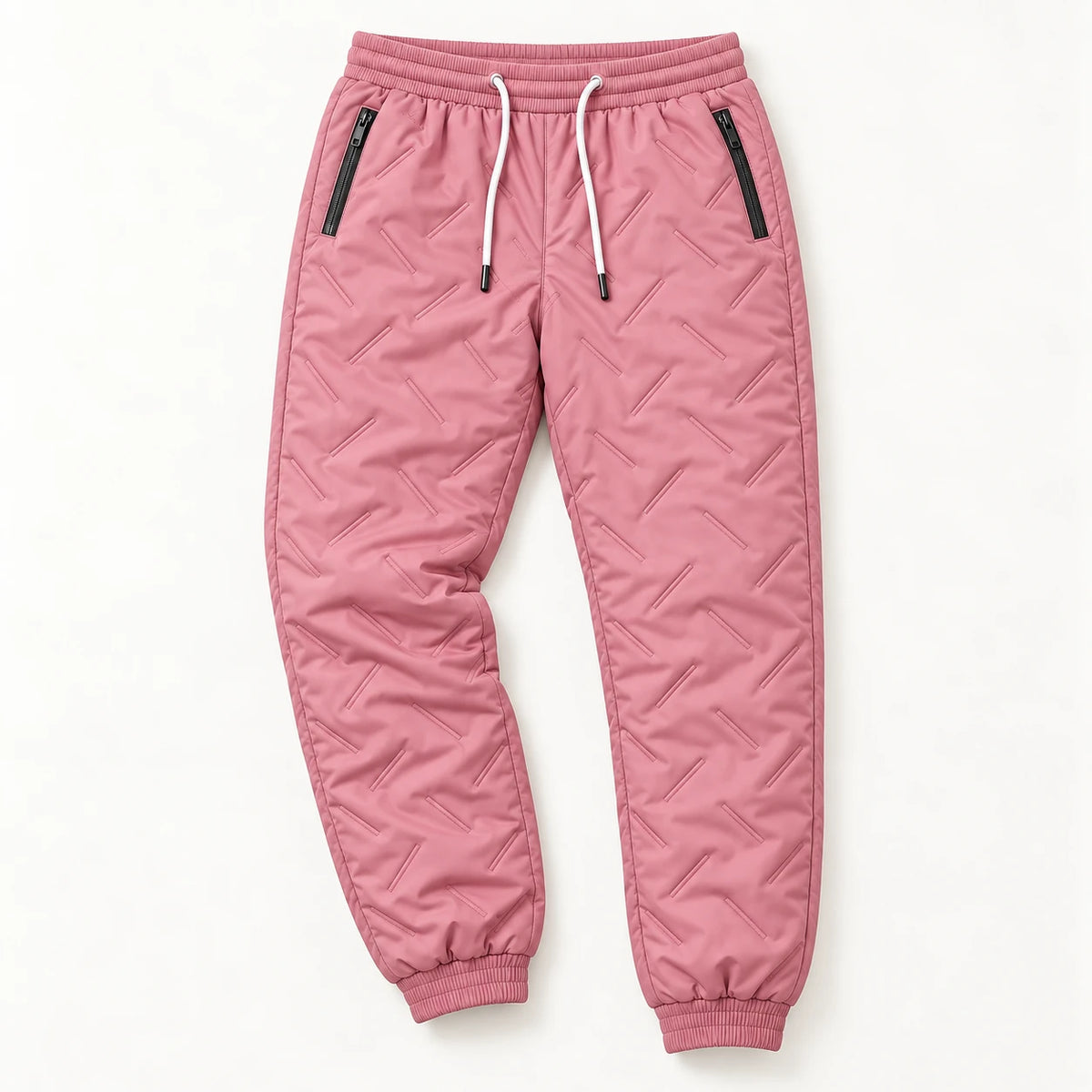 Women’s fleece-lined winter pants in pink — flat lay