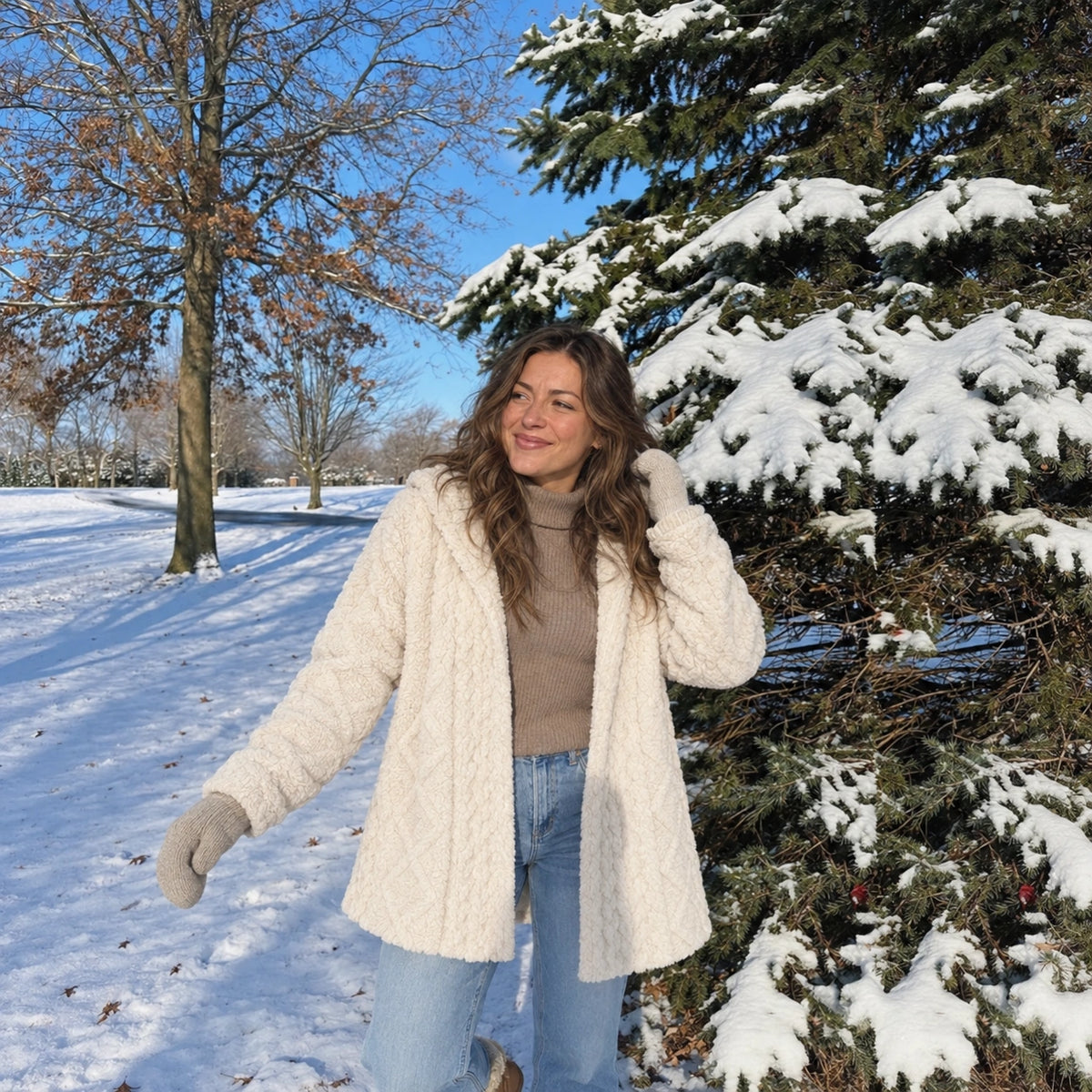 Aspen Sherpa Cardigan — authentic snowy park lifestyle