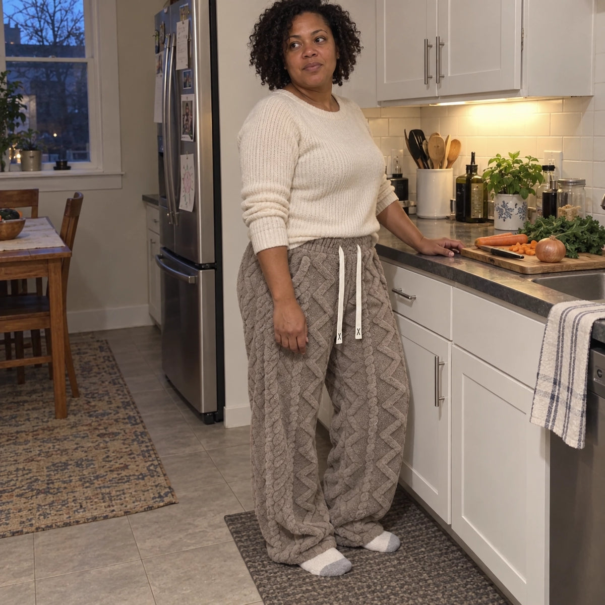 Ember pants in brown — styled in a home kitchen