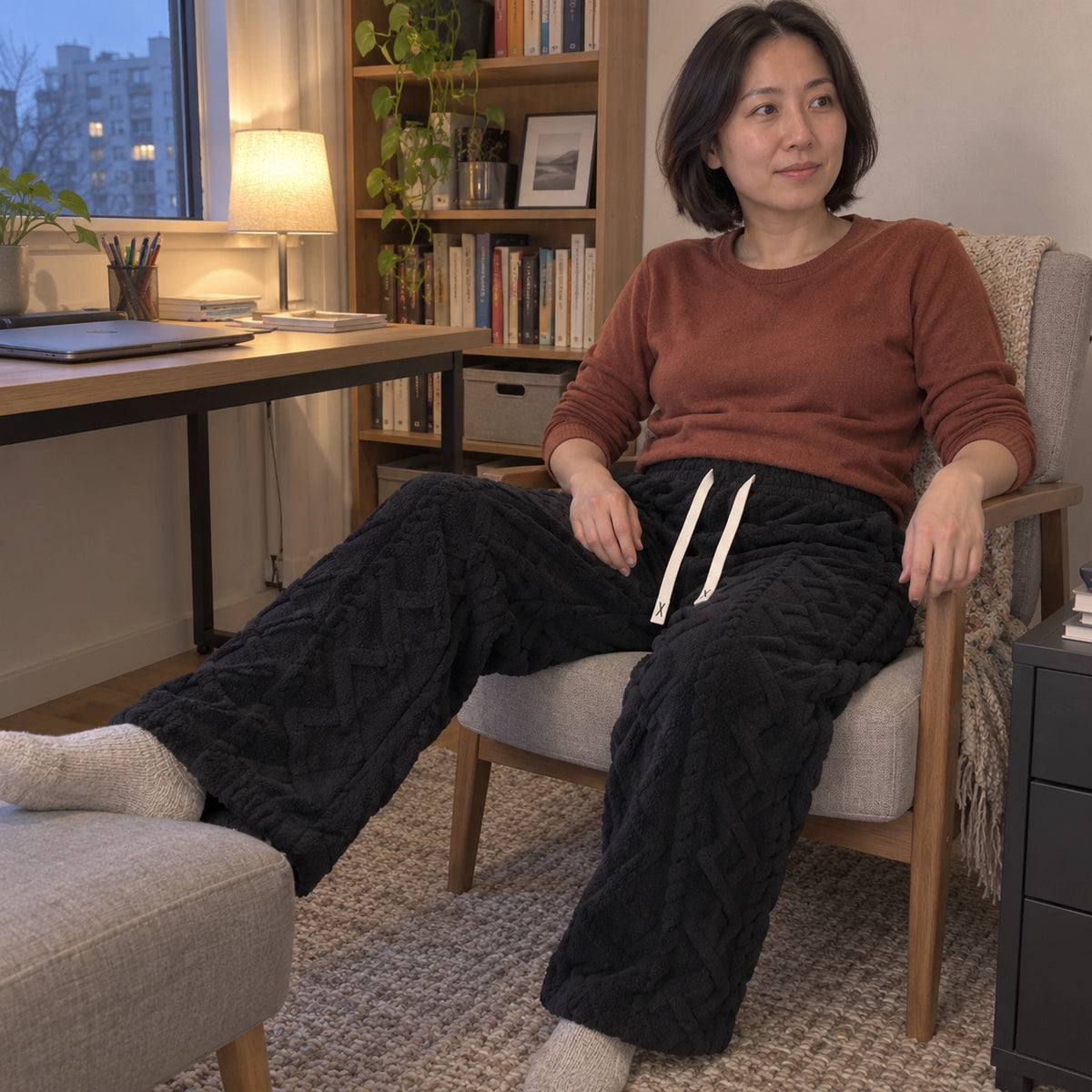 Ember pants in black — styled at a home desk