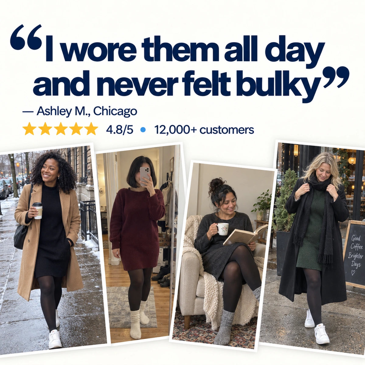 Customer-style winter outfit collage featuring Luma fleece-lined tights