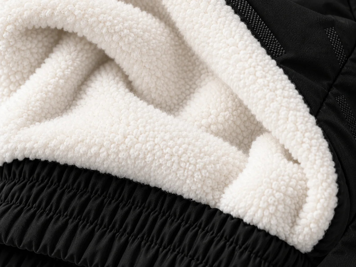 Close-up of the soft cream fleece lining and black gathered cuff