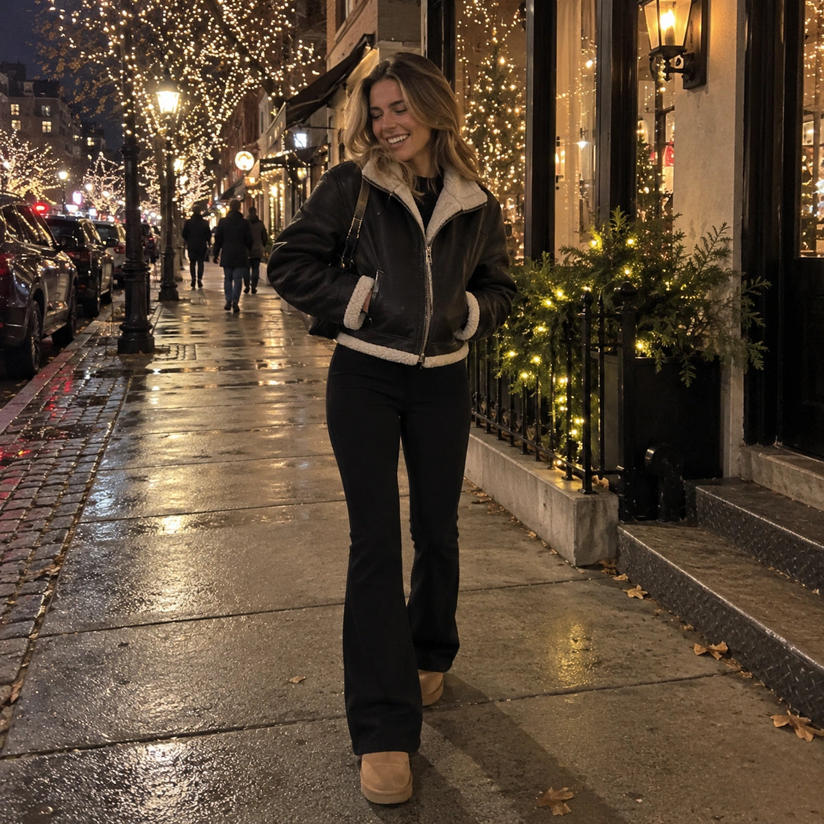 Mira fleece-lined bootcut pants on a festive winter city street