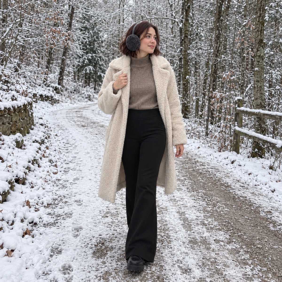 Mira fleece-lined bootcut pants on a snowy winter walk