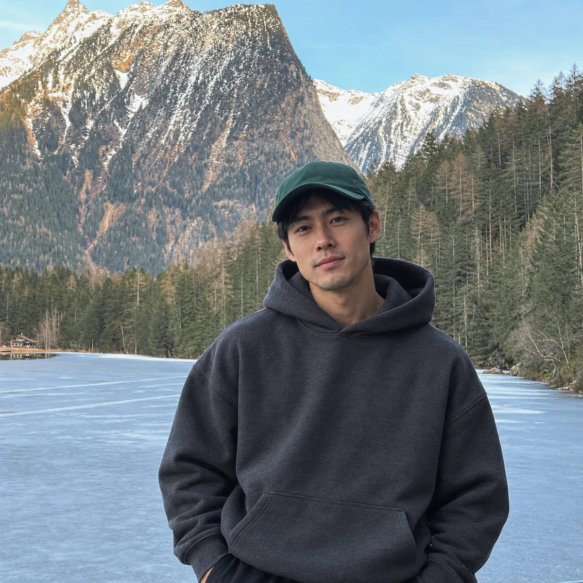 Ridge Fleece Hoodie — frozen lake — Charcoal Gray