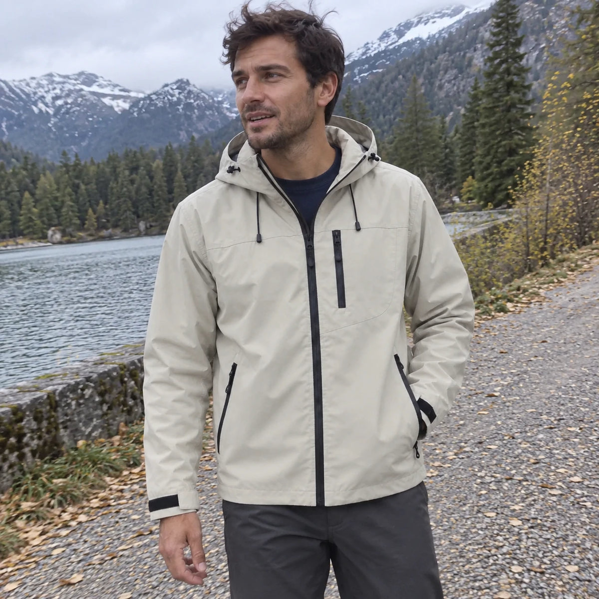 Ridge Shell Jacket in Stone worn beside a mountain lake