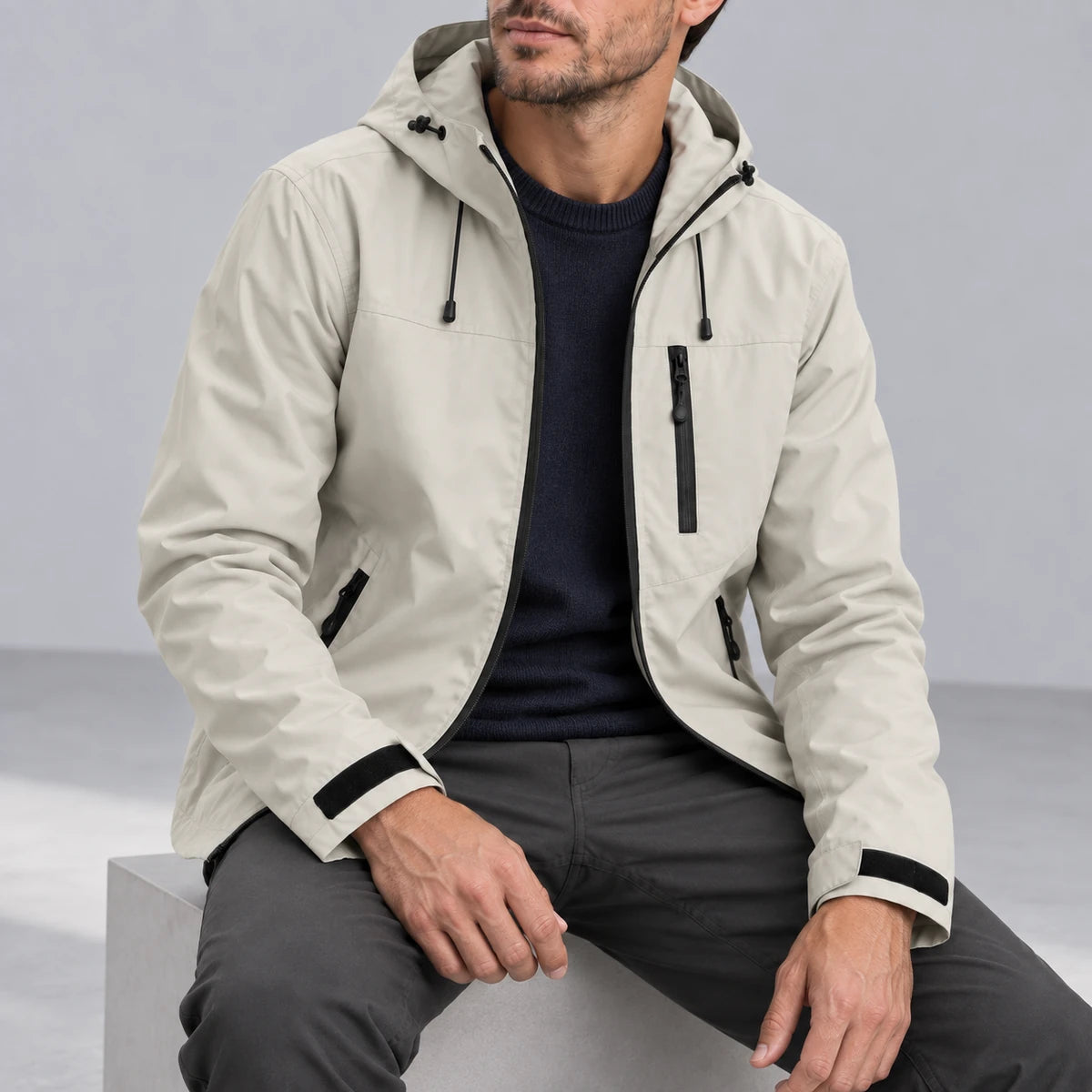 Ridge Shell Jacket Stone open layering studio view
