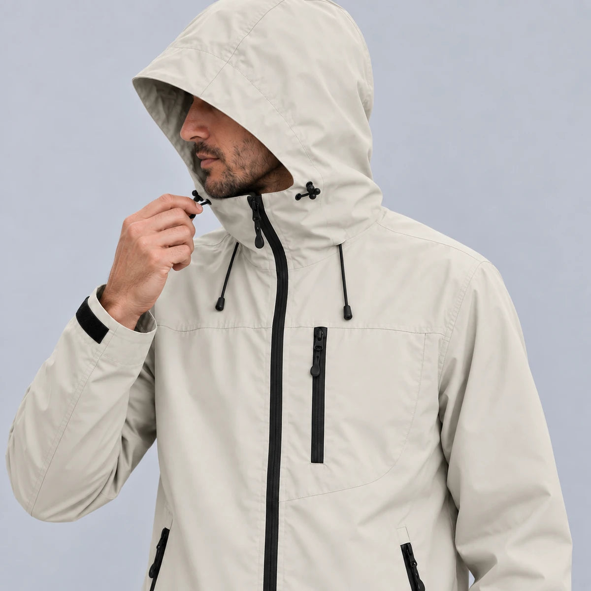 Ridge Shell Jacket Stone hood studio view
