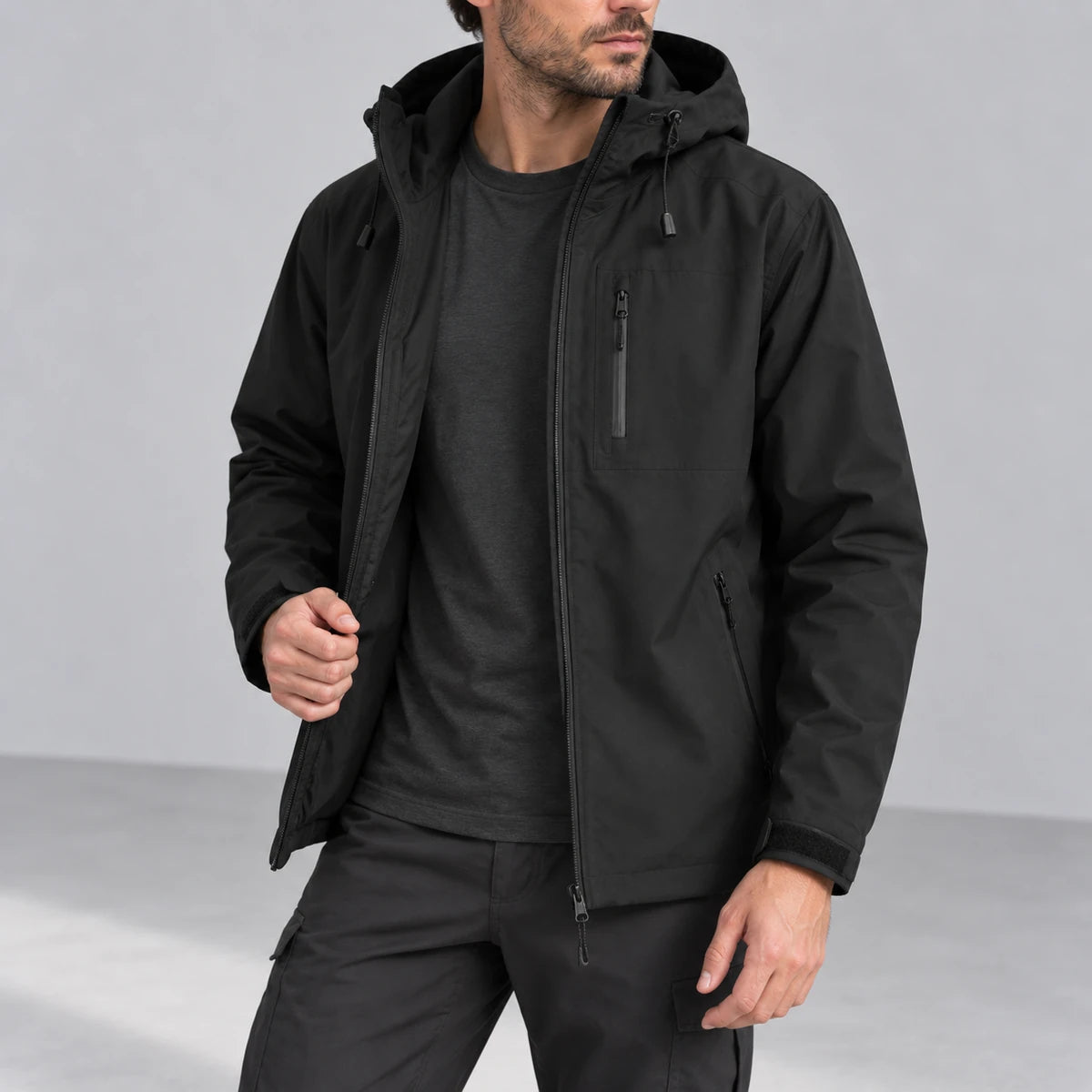 Ridge Shell Jacket Black open layering studio view