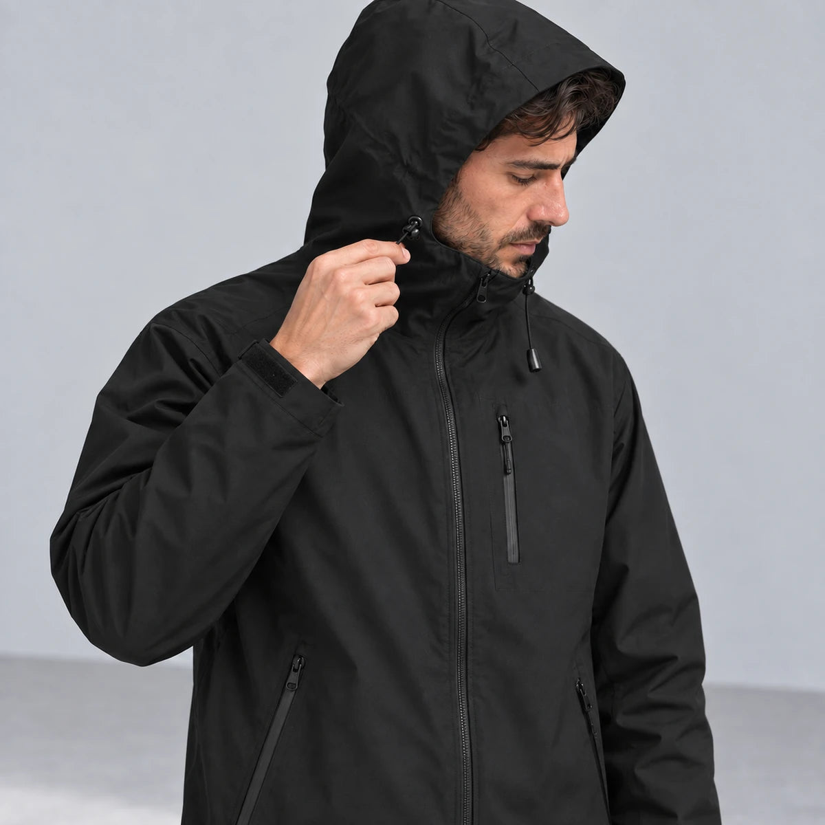 Ridge Shell Jacket Black hood studio view