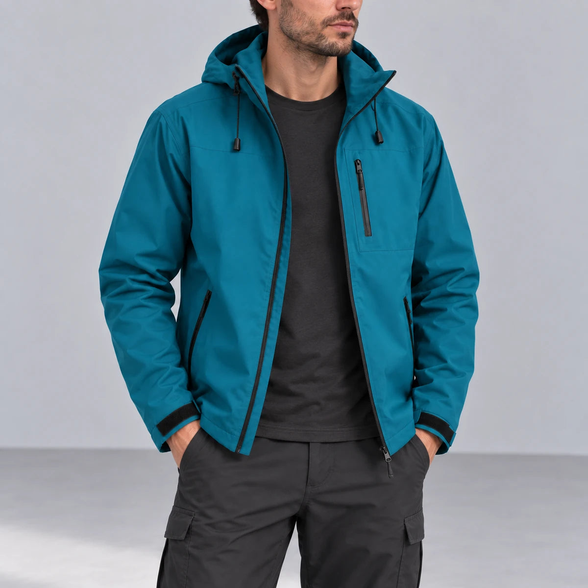 Ridge Shell Jacket Petrol open layering studio view