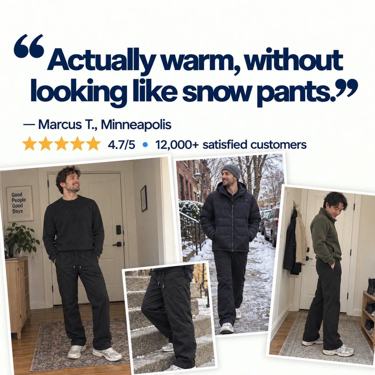 Summit Thermal Pants customer testimonial collage