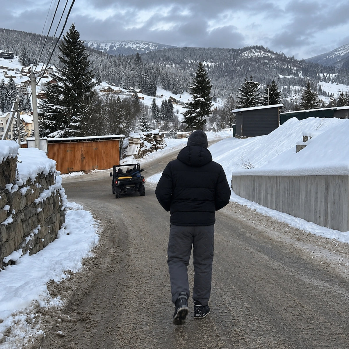 Summit Thermal Pants in grey on a snowy winter road