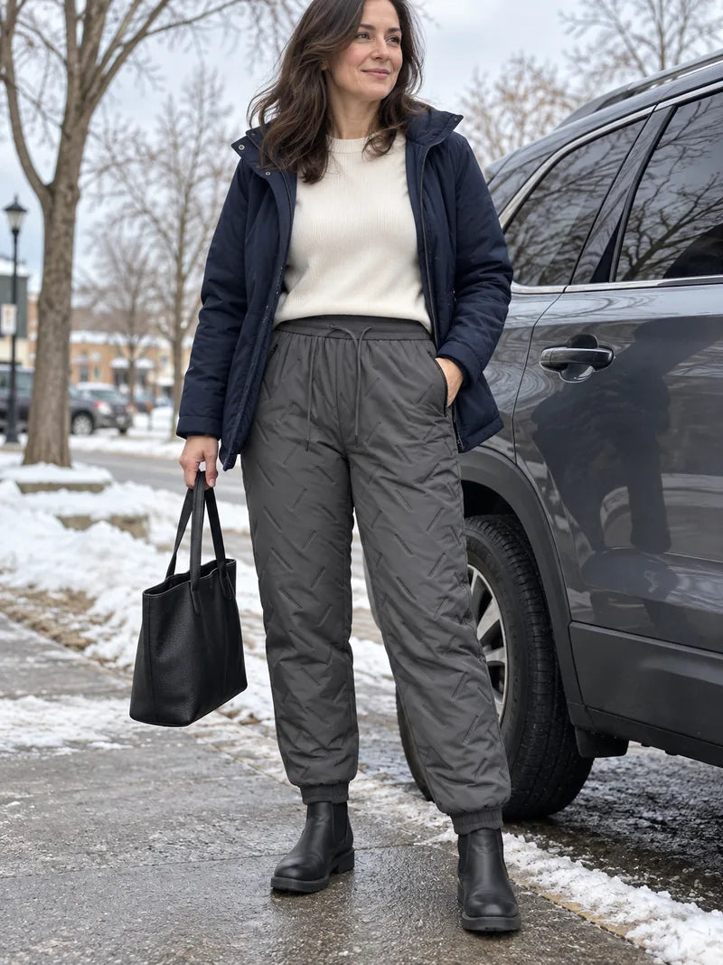 Gray fleece-lined pants with a jacket and tote for a winter trip across town