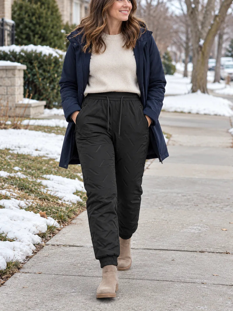 Black fleece-lined pants with a navy coat and ankle boots on a morning walk